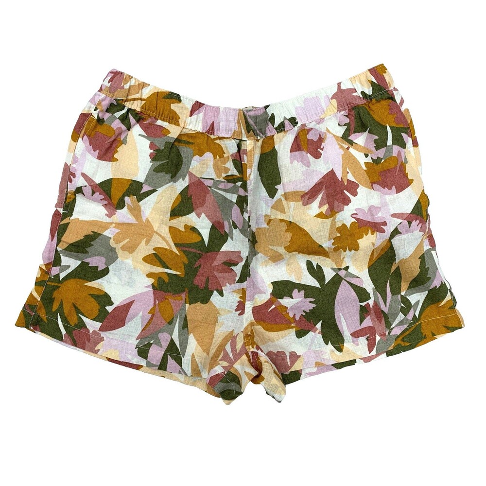 Joie Leaf Print Pull-on Linen Shorts Sz XL Floral Coastal Cottage Boho Granola